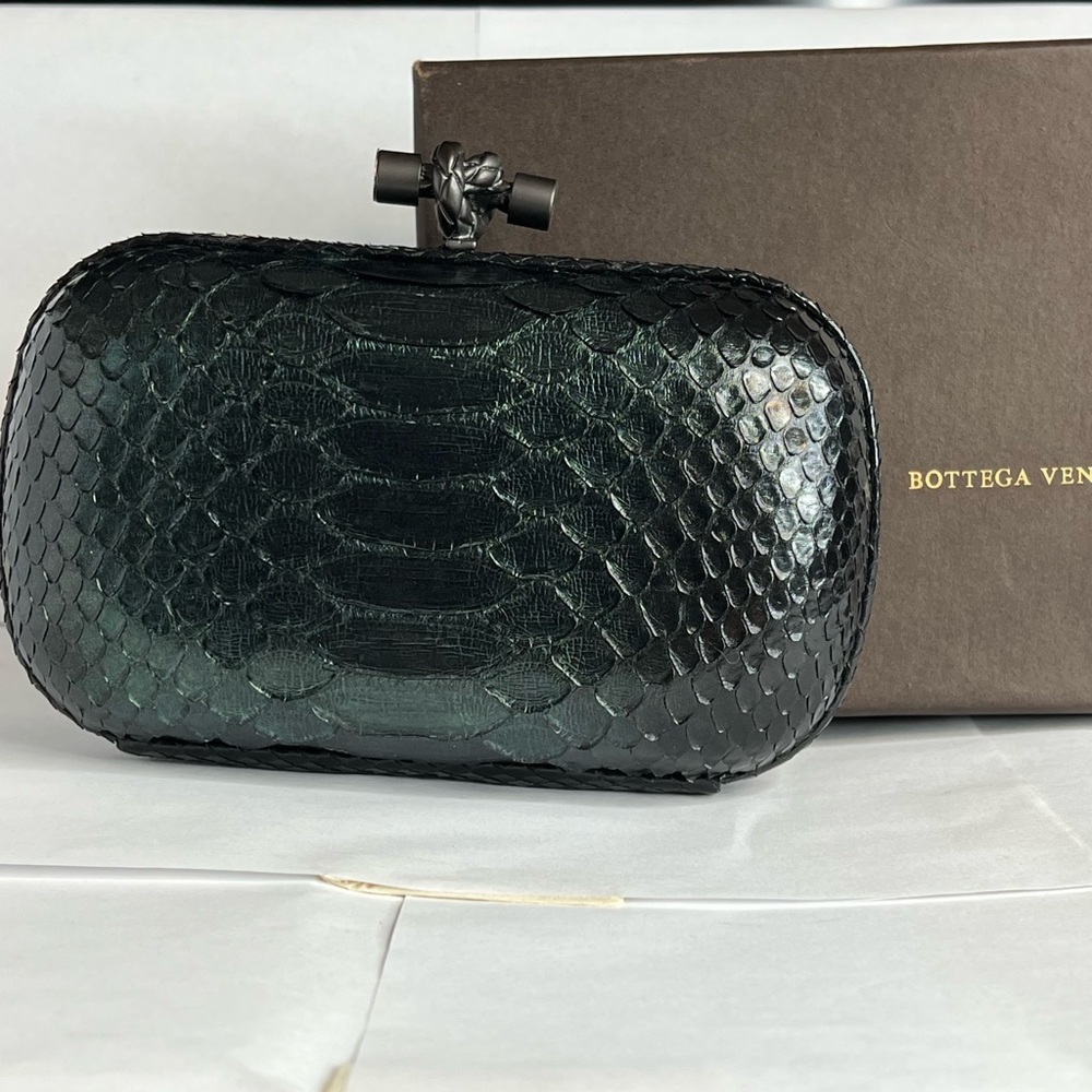 Bottega Veneta Dark Green Snakeskin Clutch
